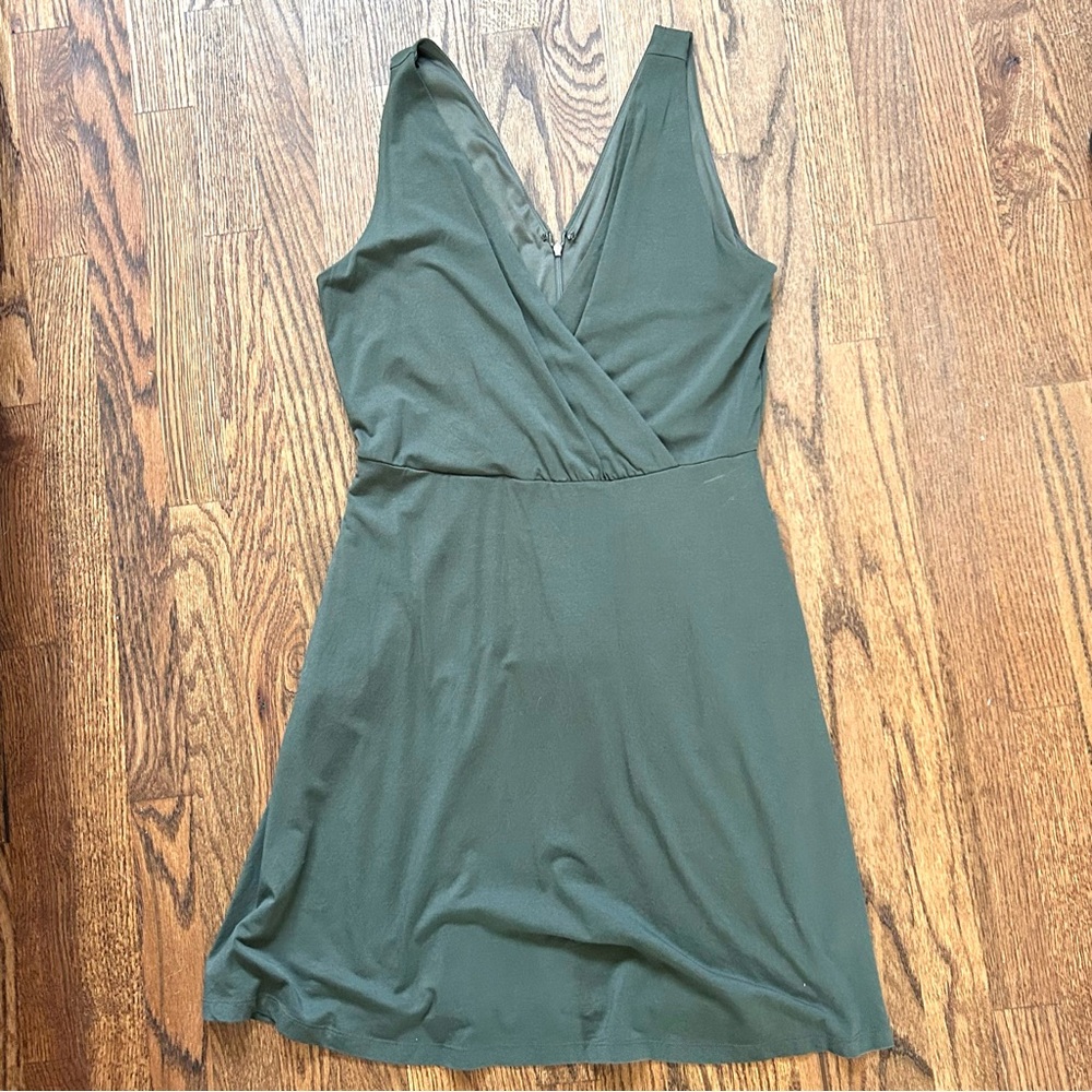 LOFT dark green faux wrap V-Neck Dress